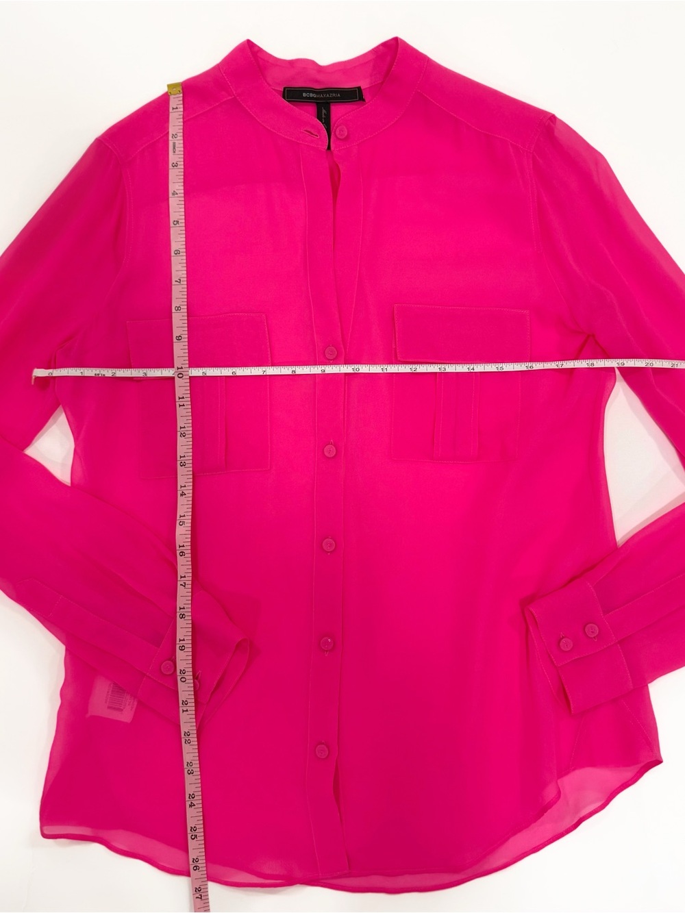 BCBGMaxAzria Y2K VTG Hot Neon Pink Sheer Button-Front Blouse with pockets | S - Picture 6 of 6